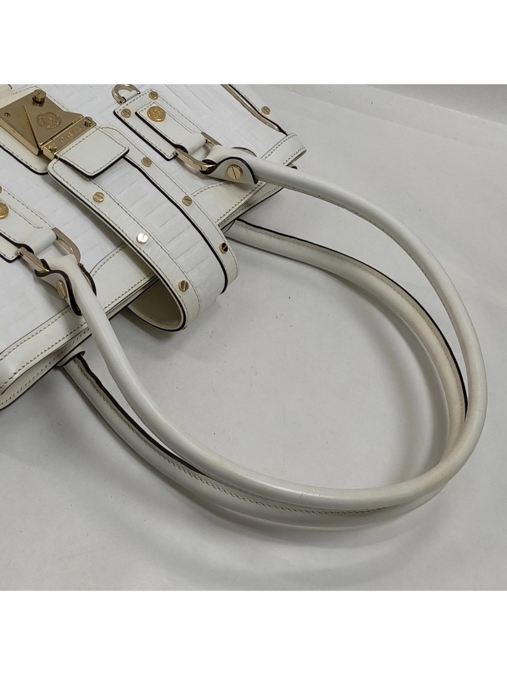Versace White Embossed Tote with Gold Hardware Accents - Picture 4 of 9